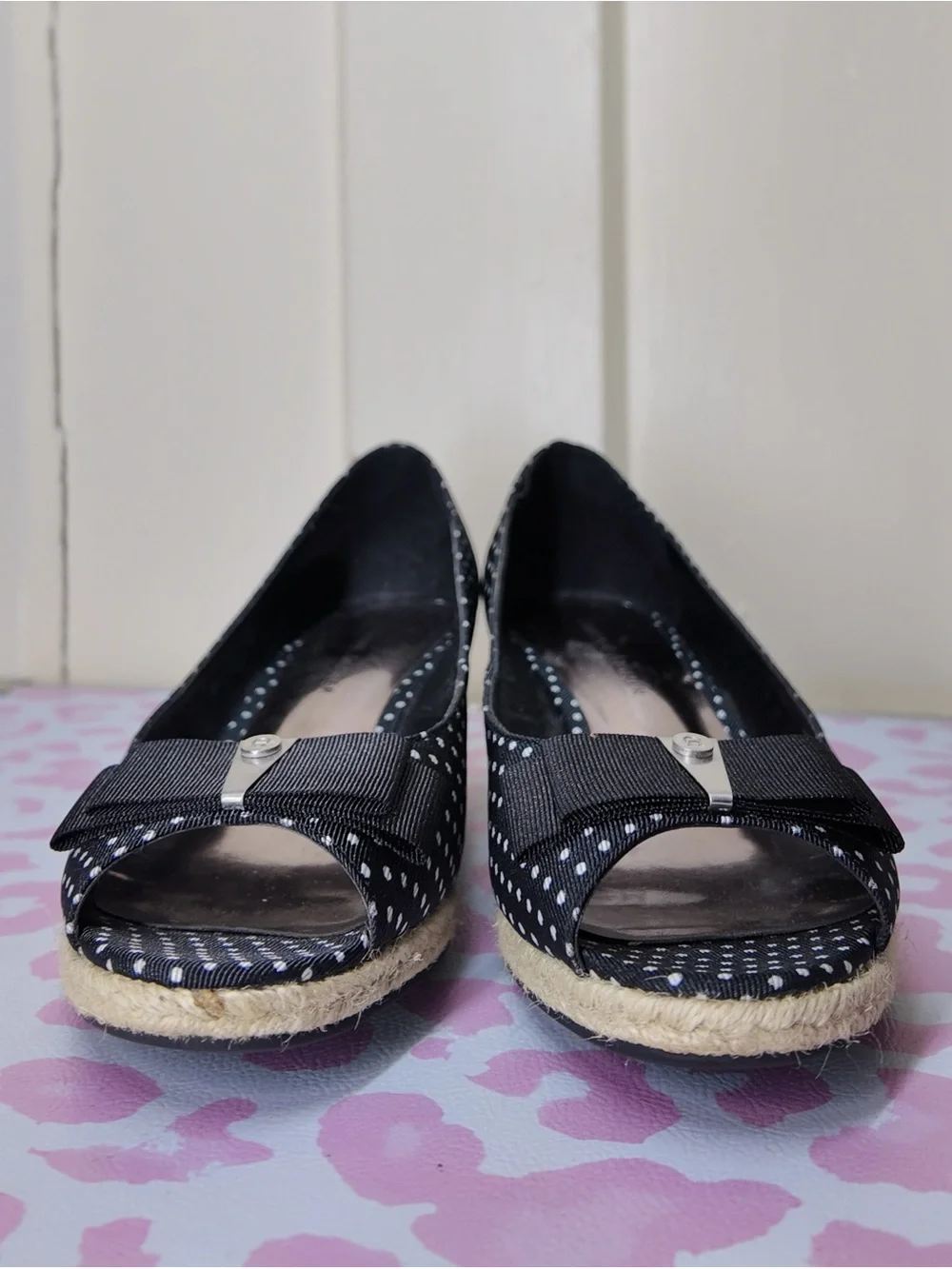 Polka Dot Peep-Toe Wedge Espadrilles with Bow size US 6.5 by Etienne Aigner